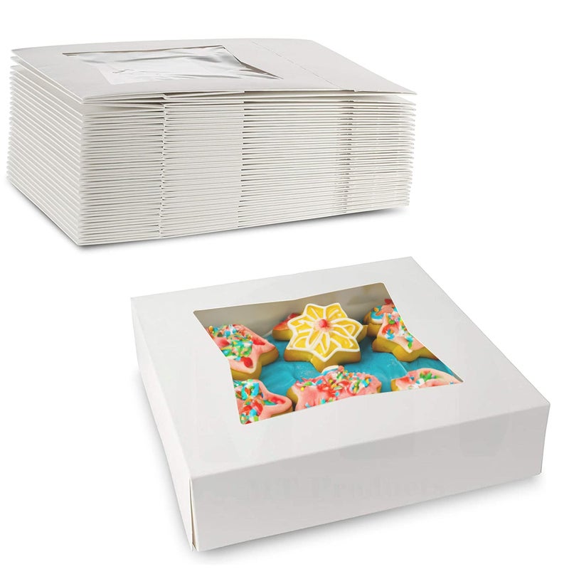 MT Products White Cookie Boxes - Size of 8" X 8" X 2.5" - (25 Pieces) Auto Pop-Up Bakery Boxes with Window - Made in the USA - Image 1